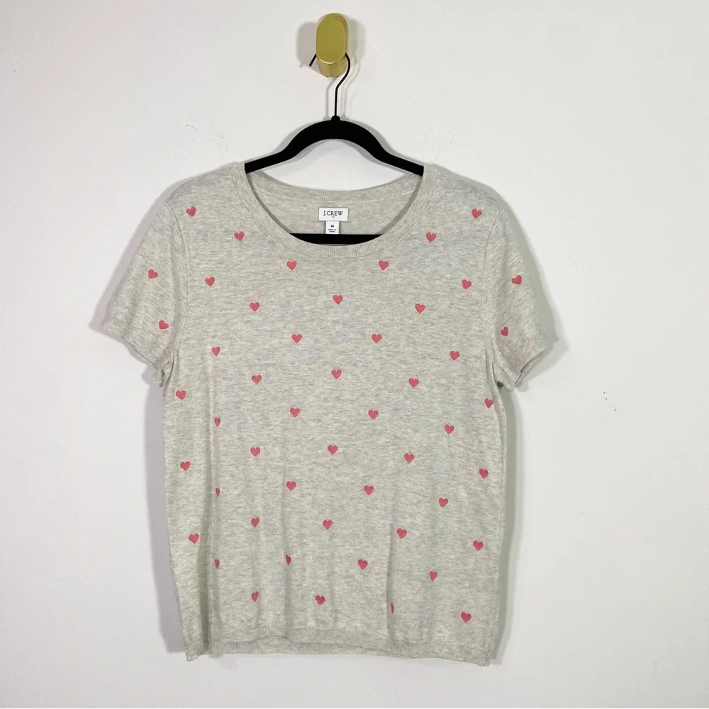 J. Crew Factory Gray Cotton Knit Pink Heart Short Sleeve Crewneck Tee Shirt